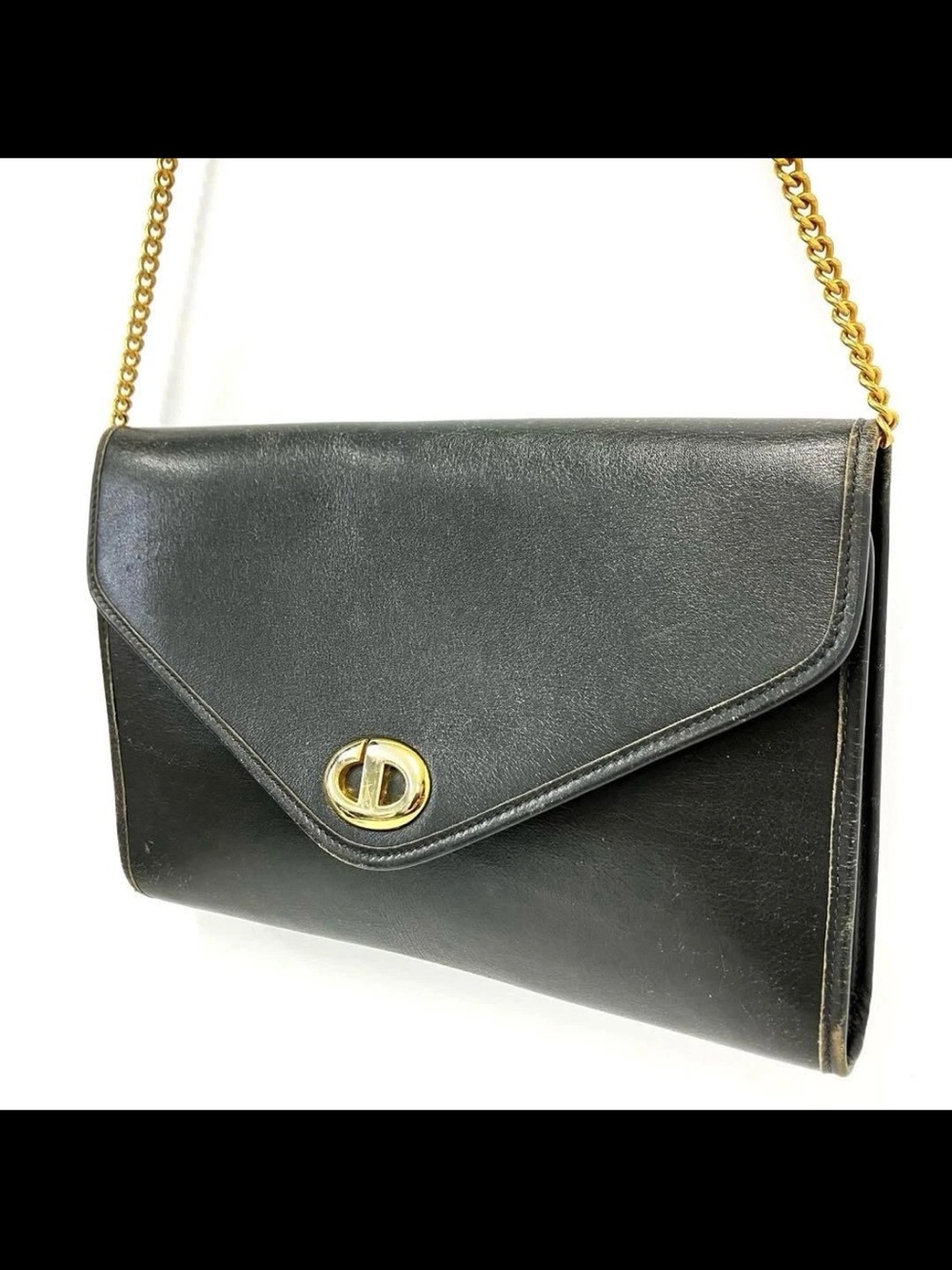 Dior Black Leather Envelope Clutch with Gold Chain